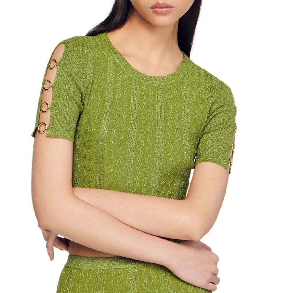 NWT Sandro Manacor Metallic Short Sleeve Top w/ some pulls - Picture 2 of 13